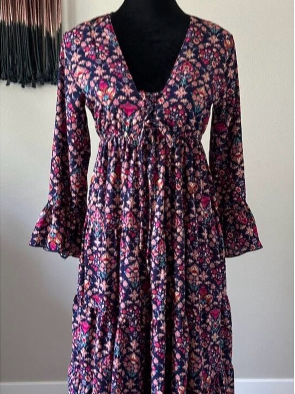 Anthropologie Boemo Floral V-Neck Long Sleeve Maxi Dress in Purple Cottagecore M - Picture 2 of 5
